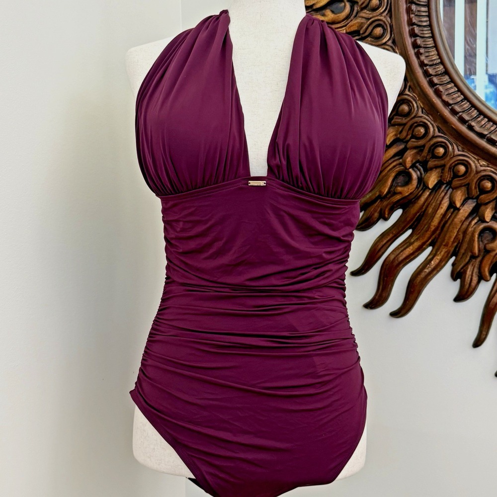 Victorias Secret One Piece Swimsuit Women Large Plum Ruched Halter Padded Sexy